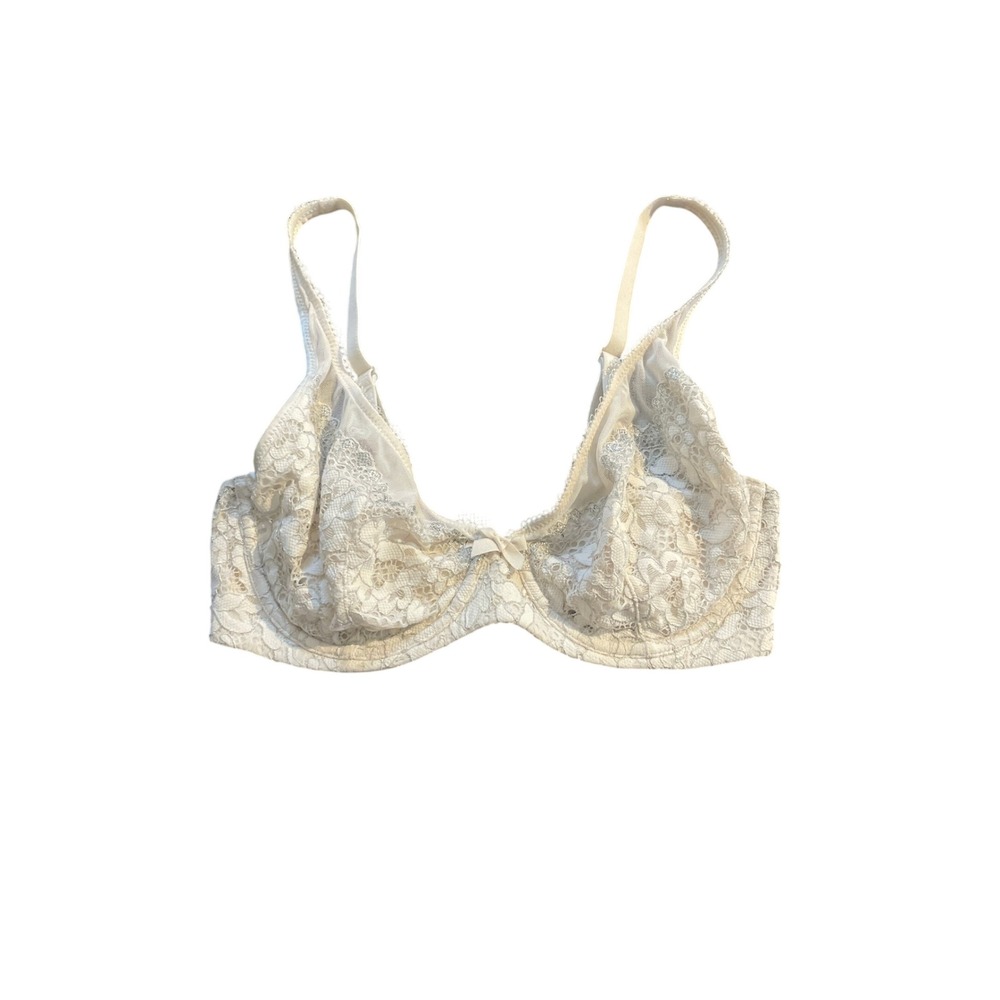 White Silver Floral Lace Unlined Mesh Bralette Logo Straps 34D Victorias Secret